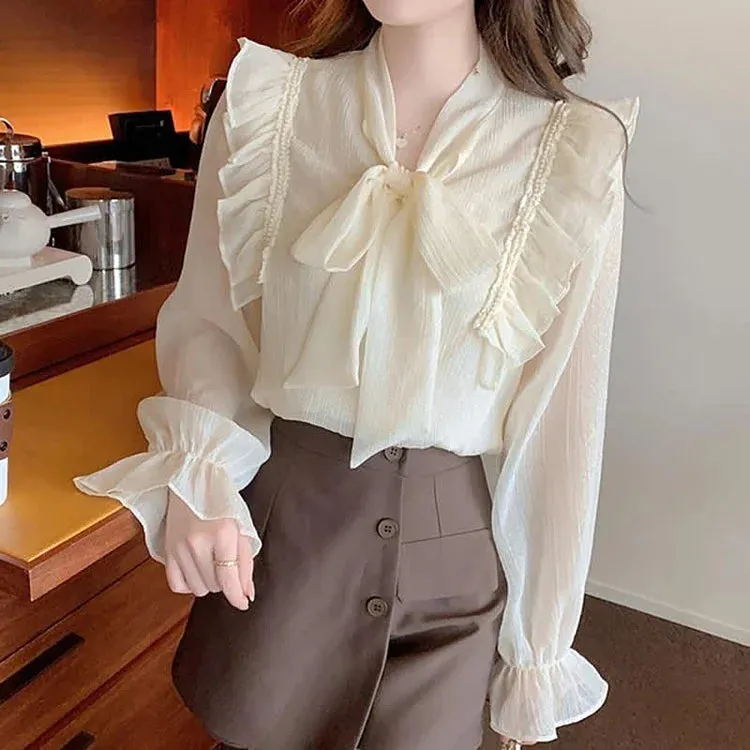 Chic Bowknot Lace Up Flouncing Chiffon Shirt Workwear