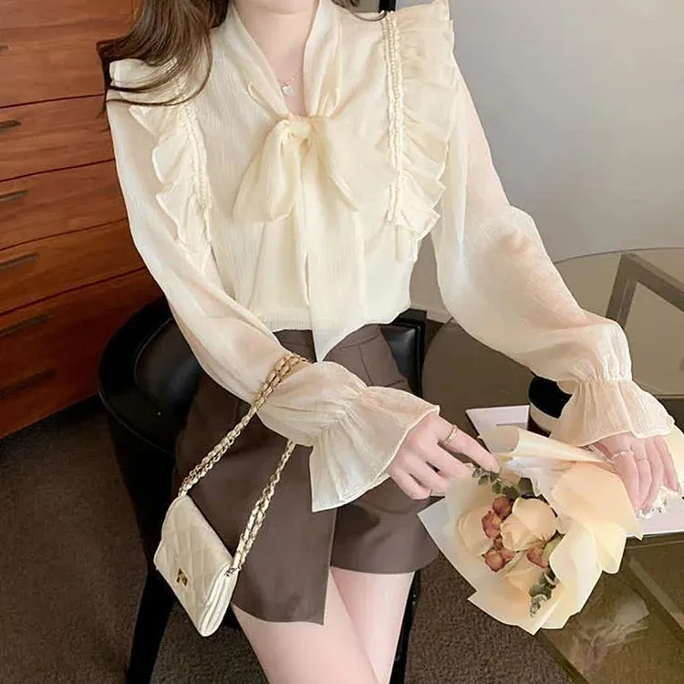 Chic Bowknot Lace Up Flouncing Chiffon Shirt Workwear