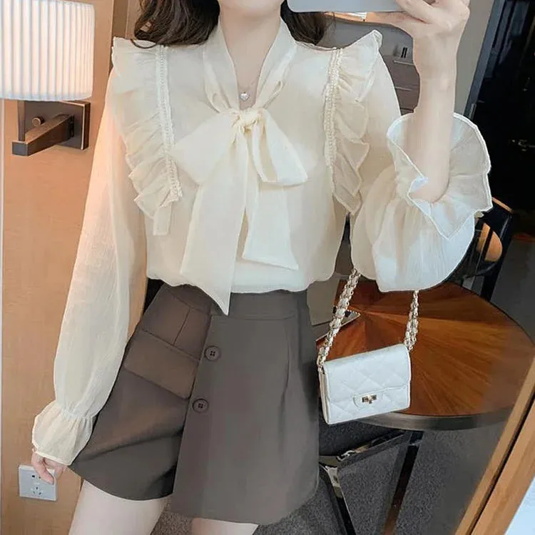 Chic Bowknot Lace Up Flouncing Chiffon Shirt Workwear