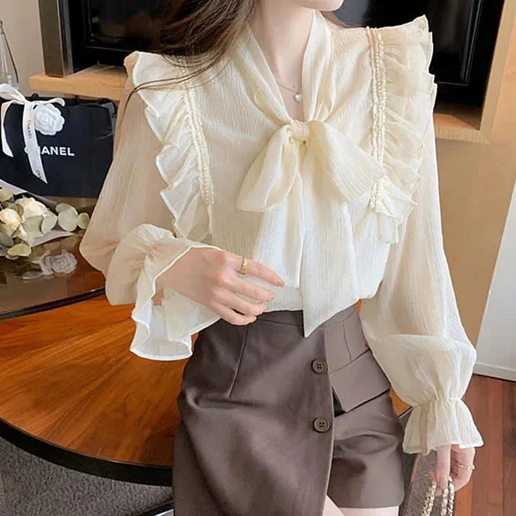 Chic Bowknot Lace Up Flouncing Chiffon Shirt Workwear