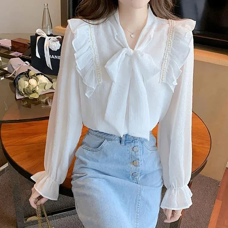 Chic Bowknot Lace Up Flouncing Chiffon Shirt Workwear