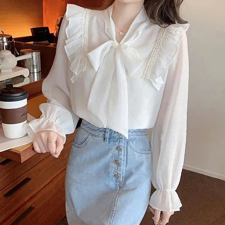 Chic Bowknot Lace Up Flouncing Chiffon Shirt Workwear