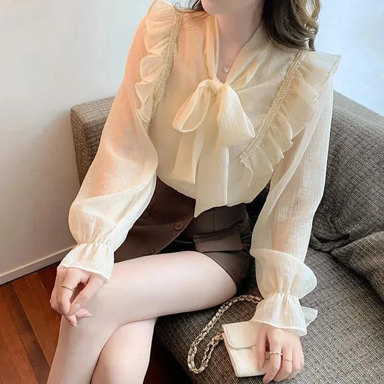 Chic Bowknot Lace Up Flouncing Chiffon Shirt Workwear