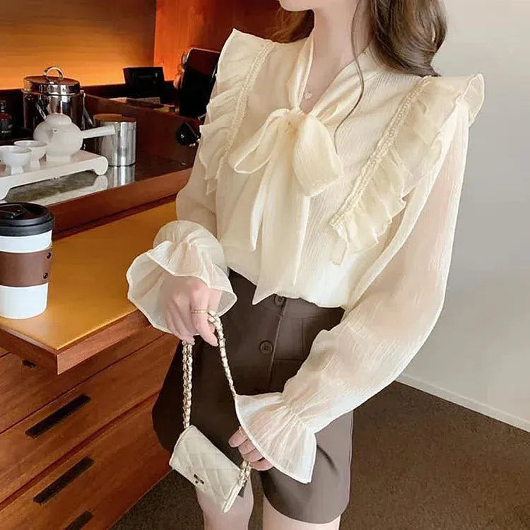 Chic Bowknot Lace Up Flouncing Chiffon Shirt Workwear