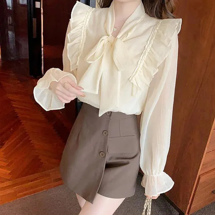 Chic Bowknot Lace Up Flouncing Chiffon Shirt Workwear