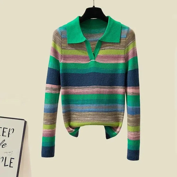 Chic Collar Rainbow Striped Colorblock Lapel Long Sleeve Shirt