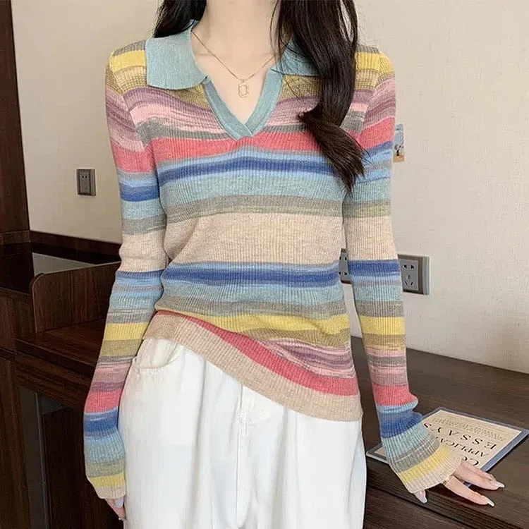 Chic Collar Rainbow Striped Colorblock Lapel Long Sleeve Shirt