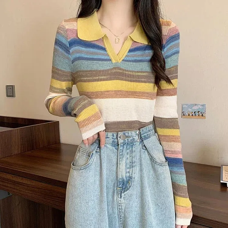 Chic Collar Rainbow Striped Colorblock Lapel Long Sleeve Shirt