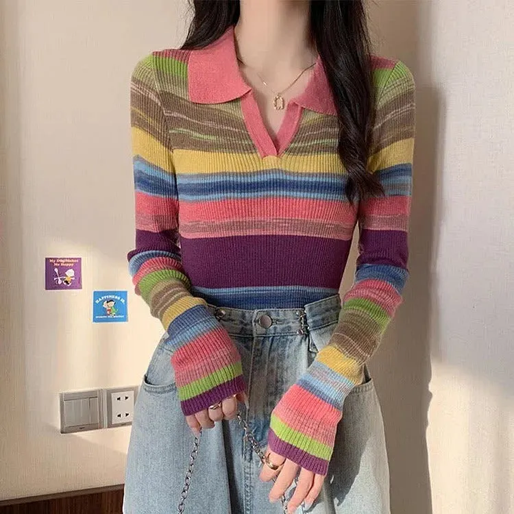 Chic Collar Rainbow Striped Colorblock Lapel Long Sleeve Shirt