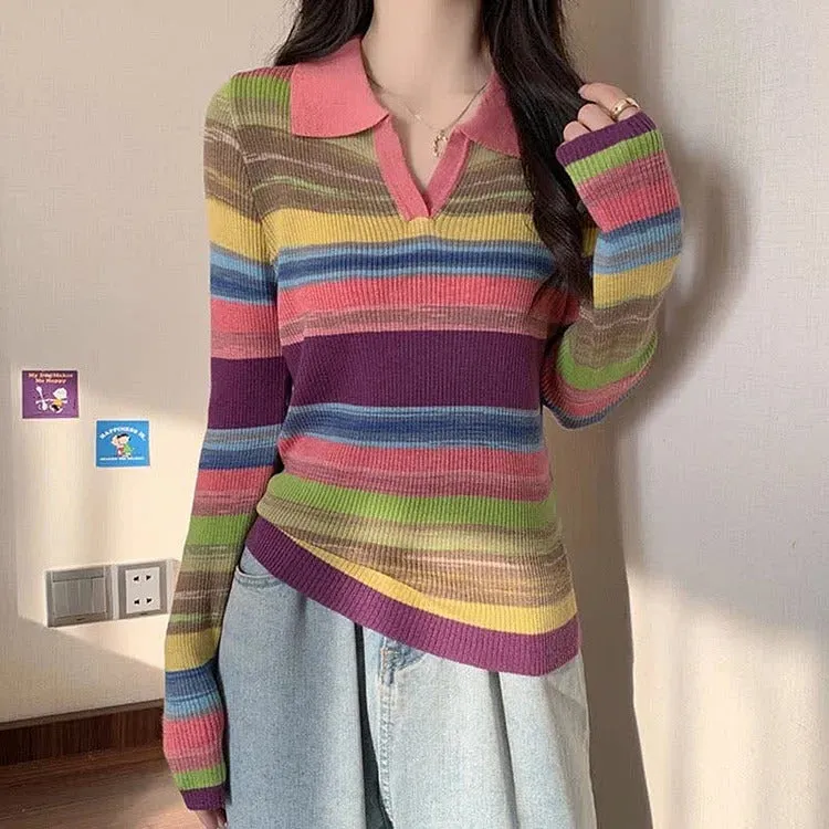 Chic Collar Rainbow Striped Colorblock Lapel Long Sleeve Shirt