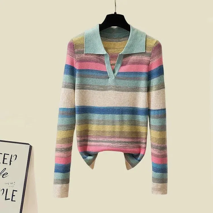 Chic Collar Rainbow Striped Colorblock Lapel Long Sleeve Shirt