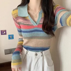 Chic Collar Rainbow Striped Colorblock Lapel Long Sleeve Shirt