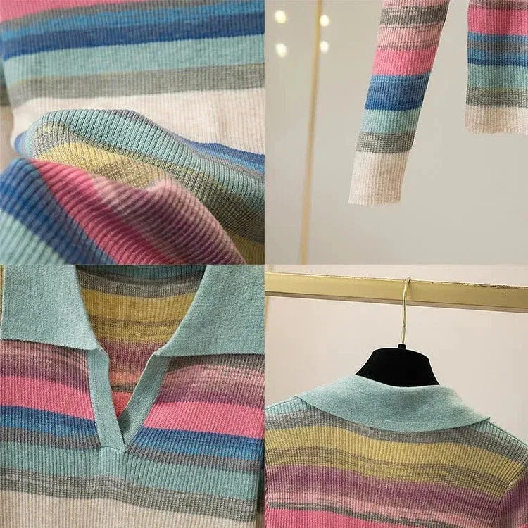 Chic Collar Rainbow Striped Colorblock Lapel Long Sleeve Shirt