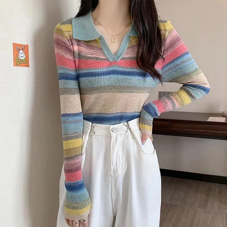 Chic Collar Rainbow Striped Colorblock Lapel Long Sleeve Shirt