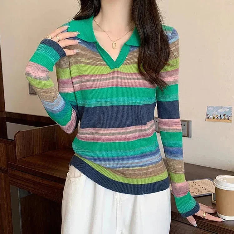 Chic Collar Rainbow Striped Colorblock Lapel Long Sleeve Shirt