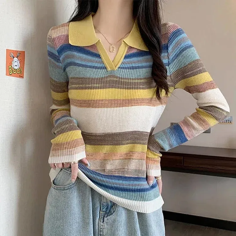 Chic Collar Rainbow Striped Colorblock Lapel Long Sleeve Shirt