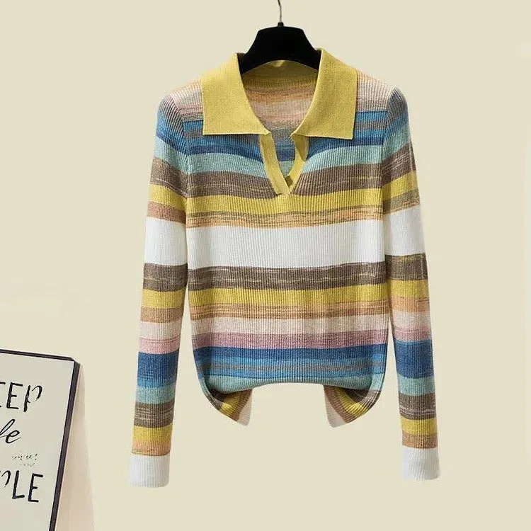 Chic Collar Rainbow Striped Colorblock Lapel Long Sleeve Shirt