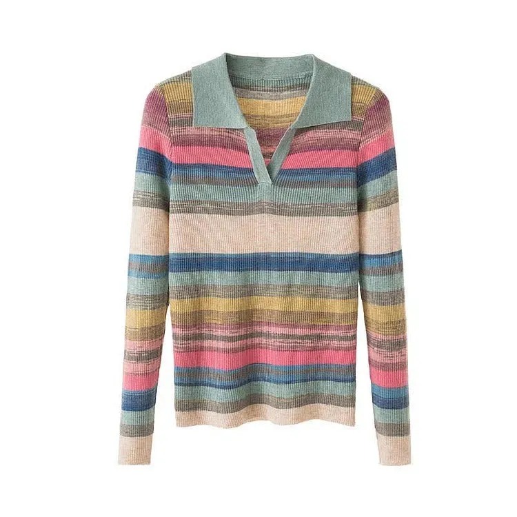 Chic Collar Rainbow Striped Colorblock Lapel Long Sleeve Shirt