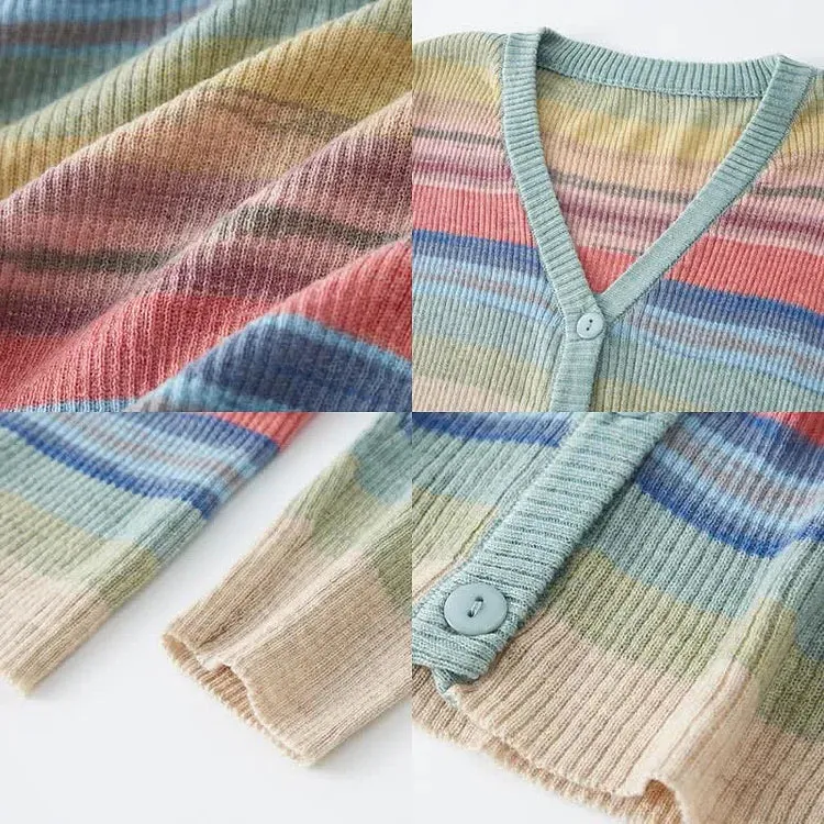 Chic V-Neck Rainbow Striped Colorblock Cardigan Shirt