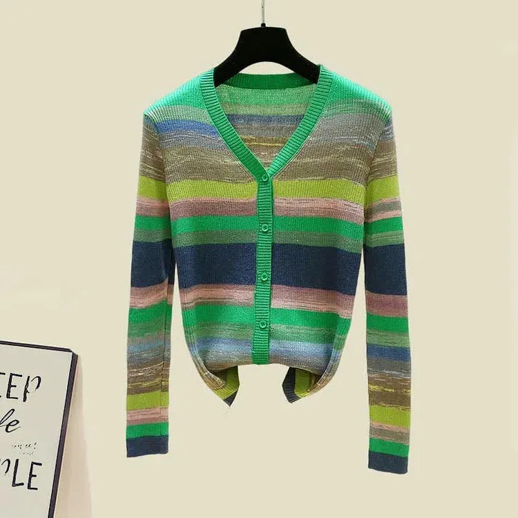 Chic V-Neck Rainbow Striped Colorblock Cardigan Shirt