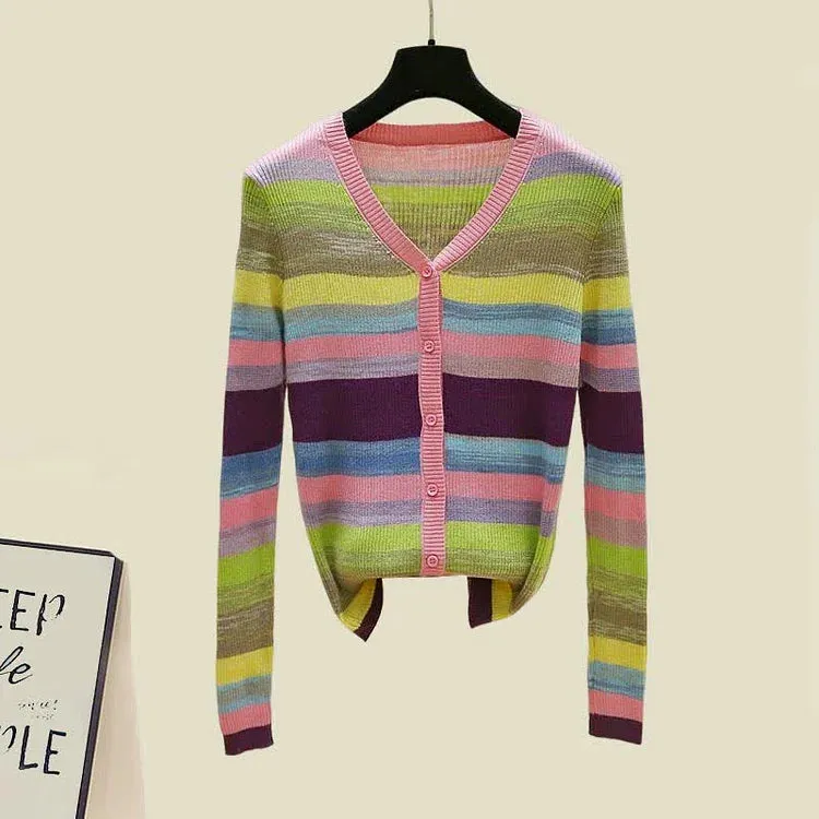 Chic V-Neck Rainbow Striped Colorblock Cardigan Shirt