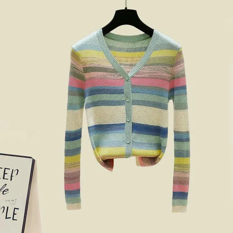 Chic V-Neck Rainbow Striped Colorblock Cardigan Shirt