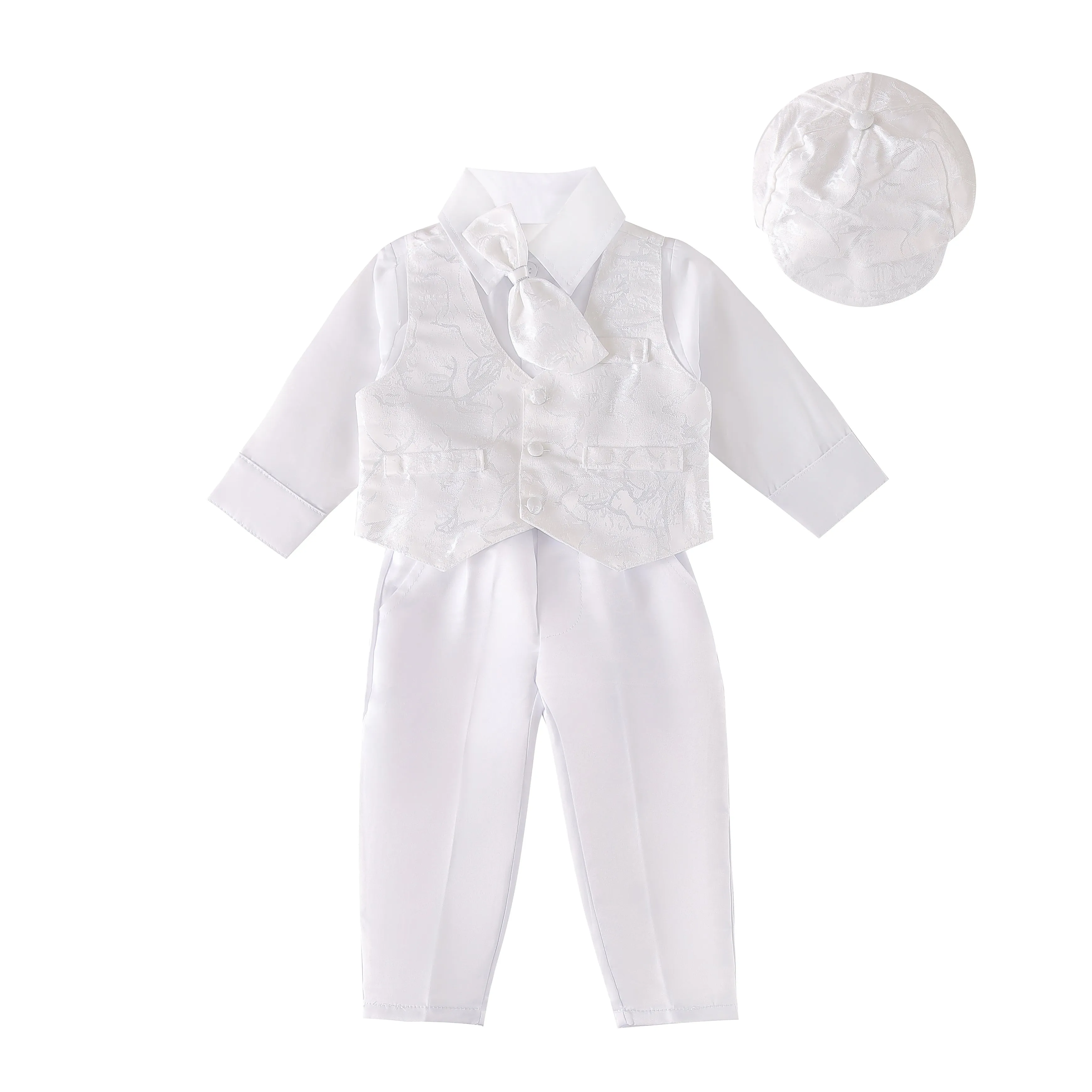 CN032 - Infant Baby Boy Christening Baptism Outfit White Suit 5 Pieces Clothing Set with Bonnet Hat