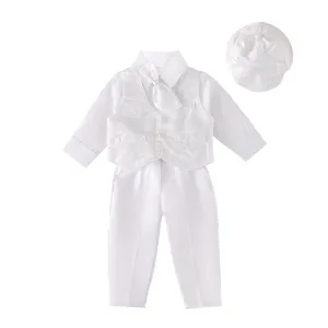 CN032 - Infant Baby Boy Christening Baptism Outfit White Suit 5 Pieces Clothing Set with Bonnet Hat