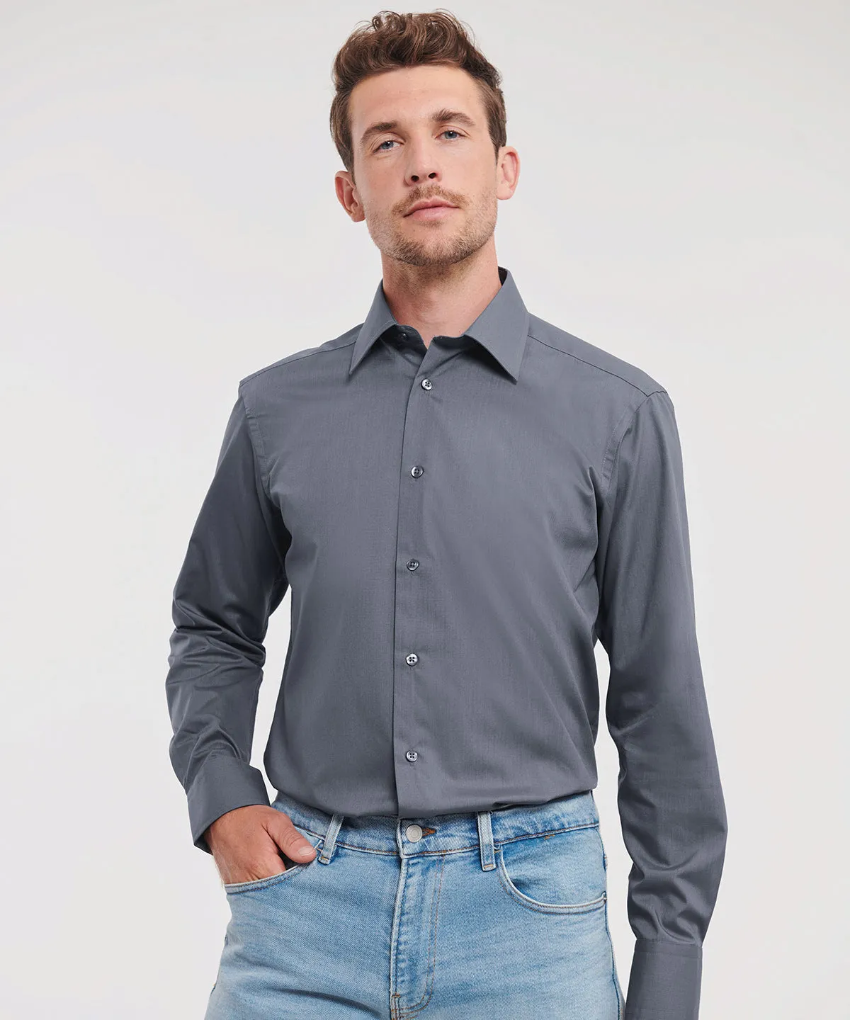 Convoy Grey - Long sleeve polycotton easycare fitted poplin shirt