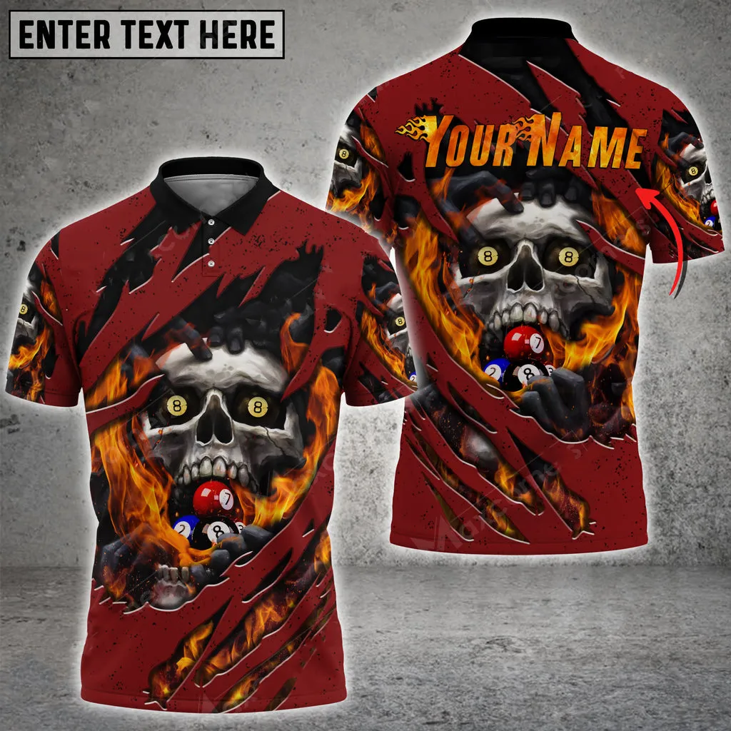 Coolspod Billiards Fire Skull Personalized Name 3D Polo Shirt, Idea Gift for Billiard Player