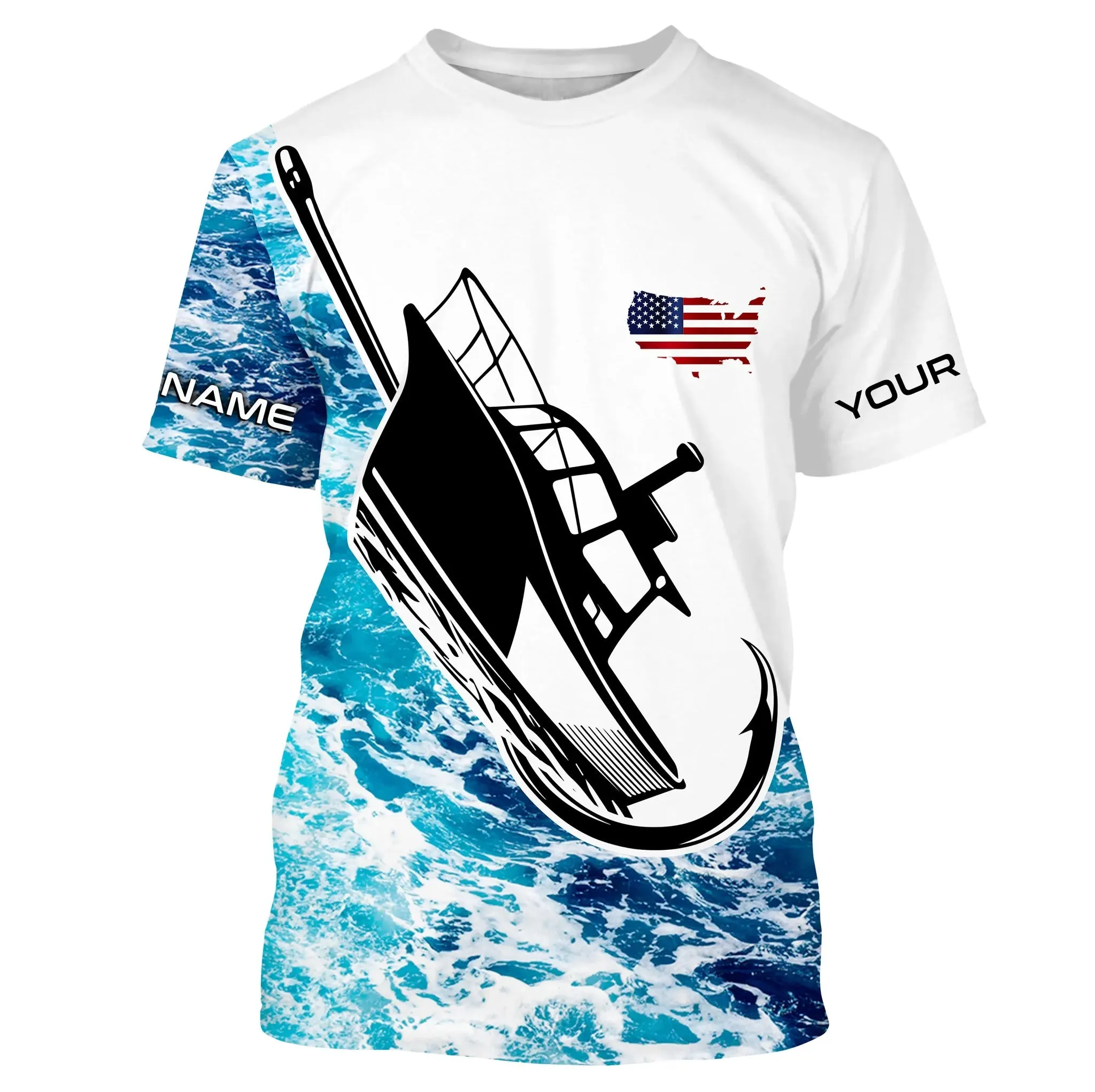 Custom Deep Sea Fishing Shirts With Boat Name, American Flag Saltwater Fishing Shirts