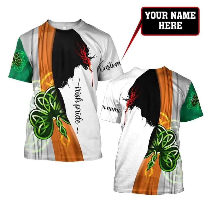 Customized Name Jesus Shamrock Shirt, All Over Print Irish Pride Patrick Day Shirt