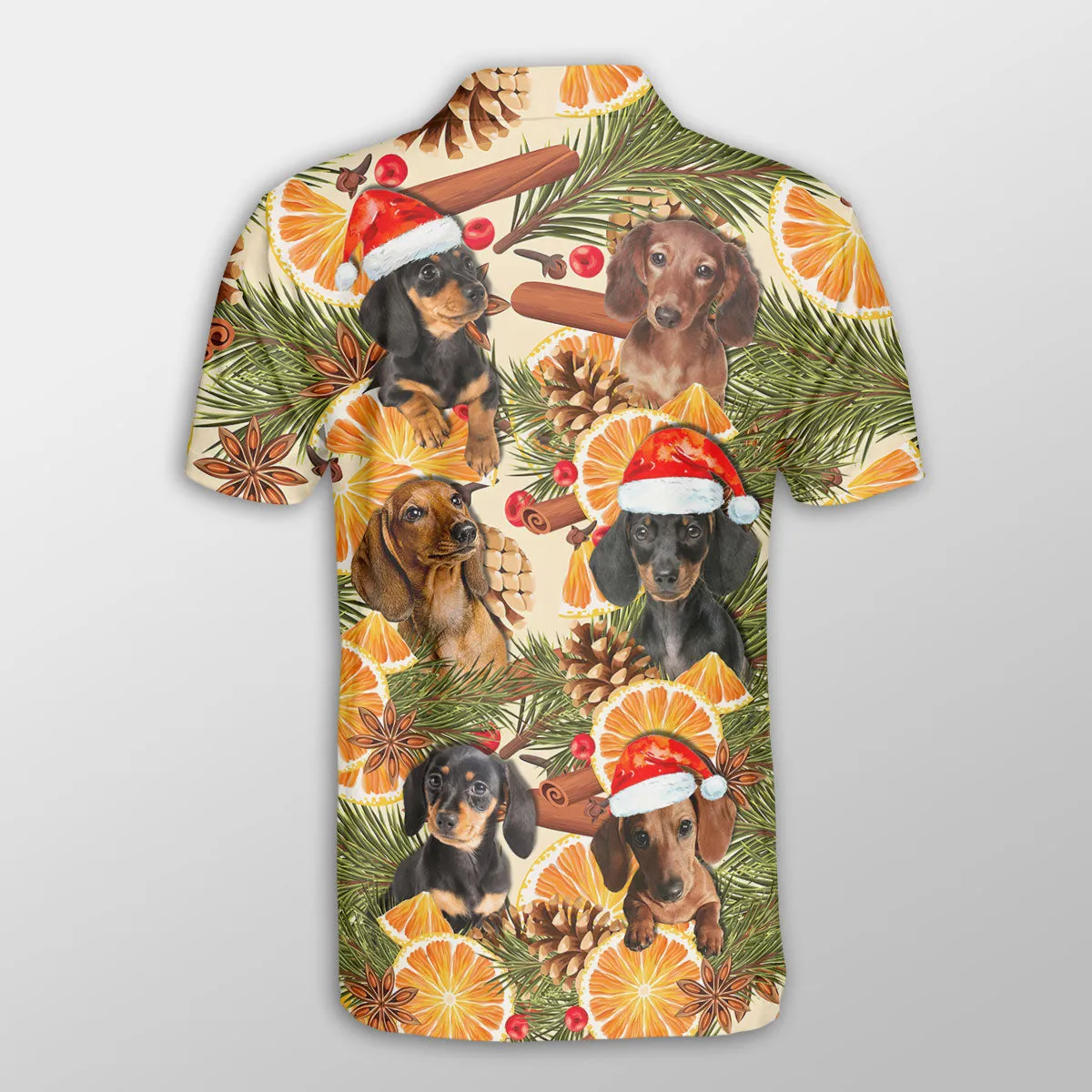 Dachshund Christmas Orange Cinnamon Dog Button Polo Shirt, Christmas Farm Polo Shirt