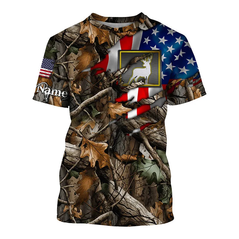 Deer Hunting Camo American Flag Patriotic Custom Name Deer Hunting 3D Long Sleeve Christmas Shirts