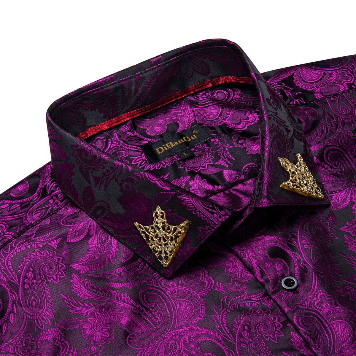 DiBanGu Tuxedo Shirt Deep Purple Paisley Silk Button Down Men's Dress Shirt