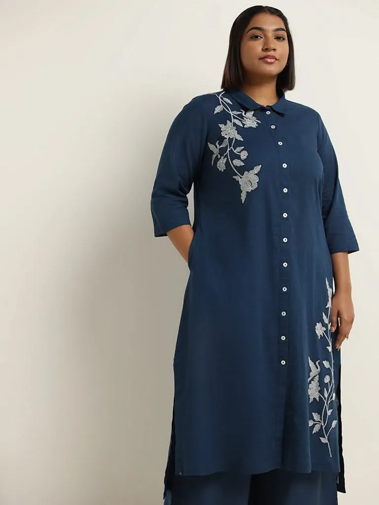 Diza Indigo Embroidered Cotton Kurta