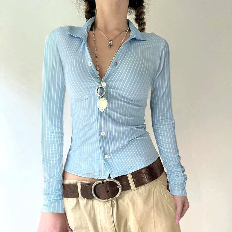 Fashion Chic Blue Stripe Skinny Women Blouse Top Long Sleeve Korean Buttons-Up Shirt Cardigan Slim Outfits Autumn New