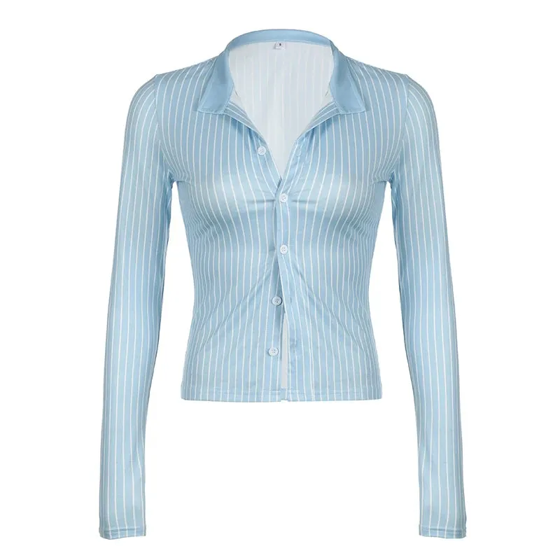 Fashion Chic Blue Stripe Skinny Women Blouse Top Long Sleeve Korean Buttons-Up Shirt Cardigan Slim Outfits Autumn New