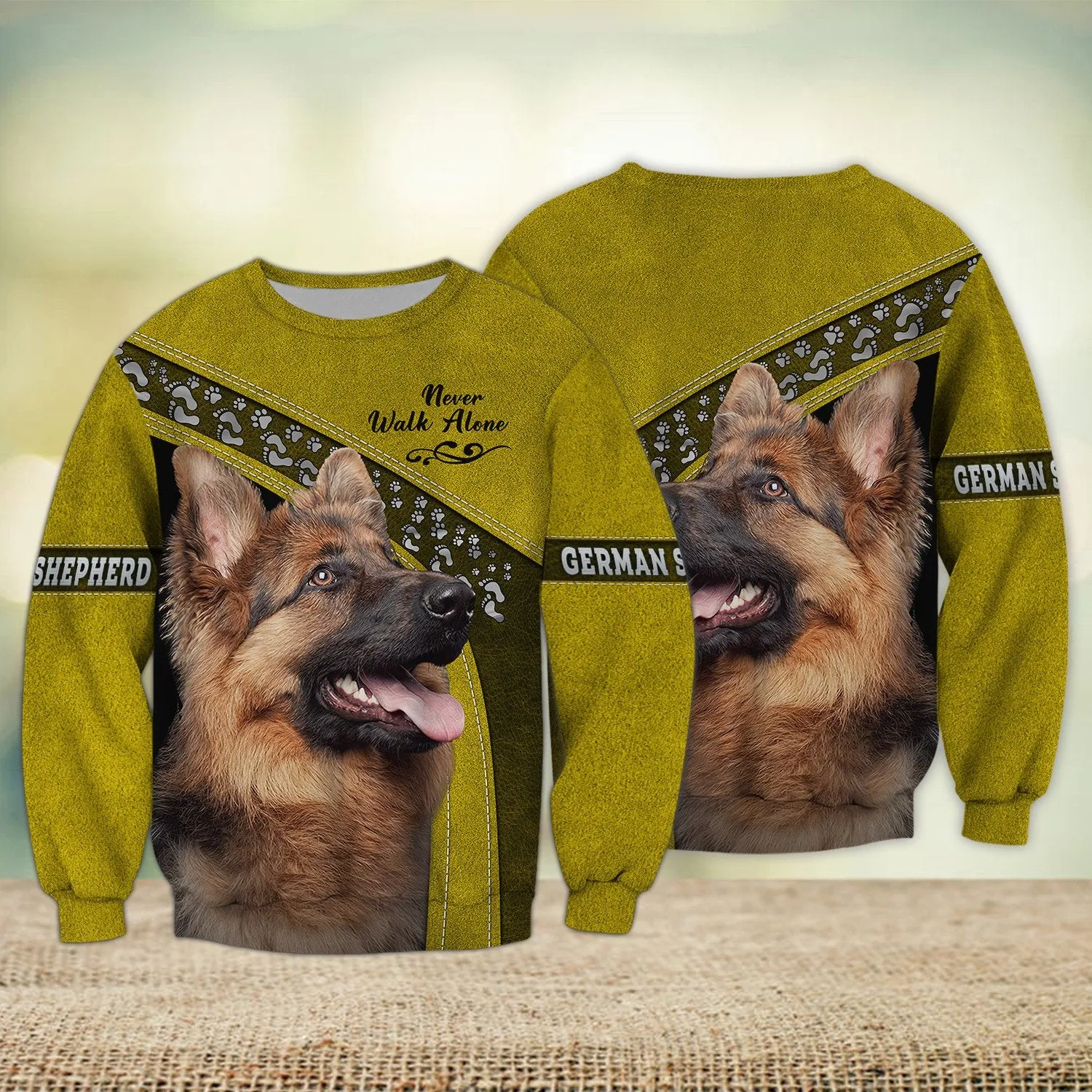 German Shepherd Love Never Walk Alone Yellow 3D Full Print Shirts, Shirt For Dog Lovers, Dog Memorial Gifts for loss of Dog