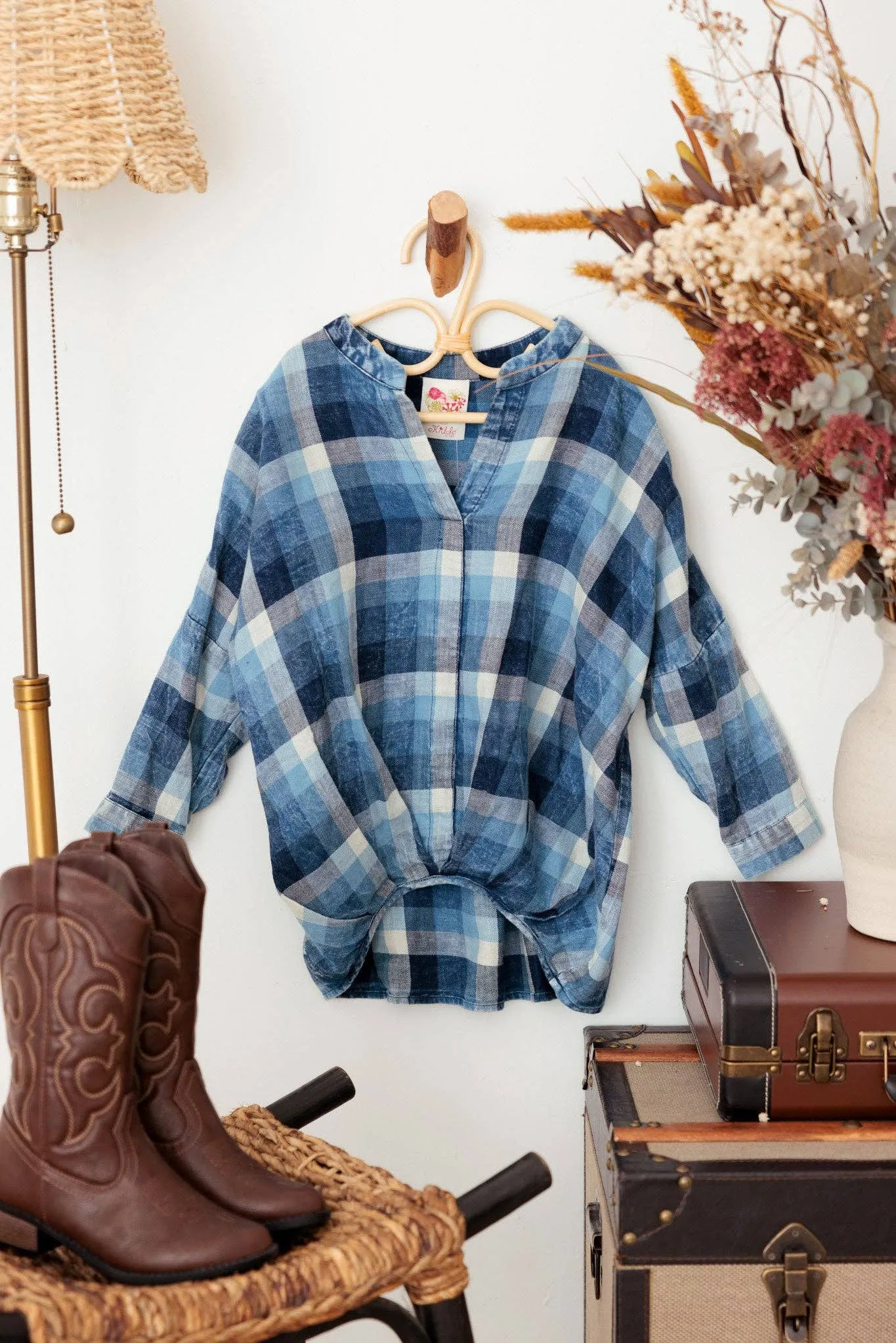 Girls Plaid 3/4 Sleeve Asymmetric Ruffle Back Top