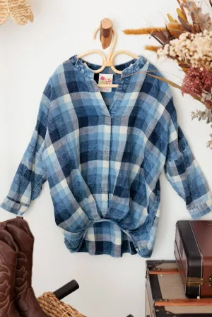 Girls Plaid 3/4 Sleeve Asymmetric Ruffle Back Top