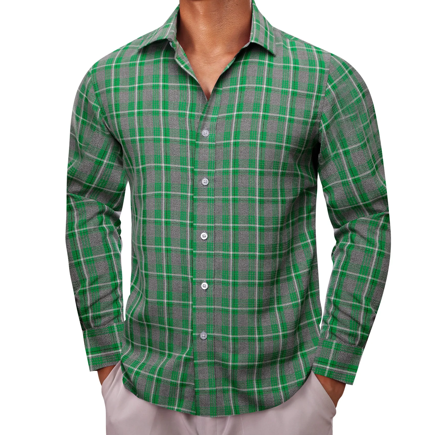 Green Grey Plaid Men's Long Sleeve Casual Shirt