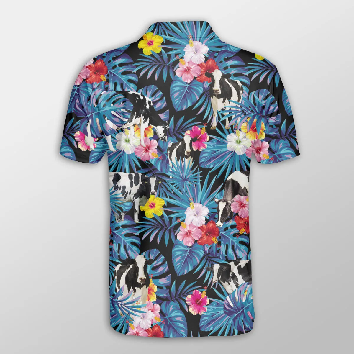 Holstein Tropical Flowers Leaves Pattern Button Polo Shirt, Cow Polo Shirt, Gift for Farmers