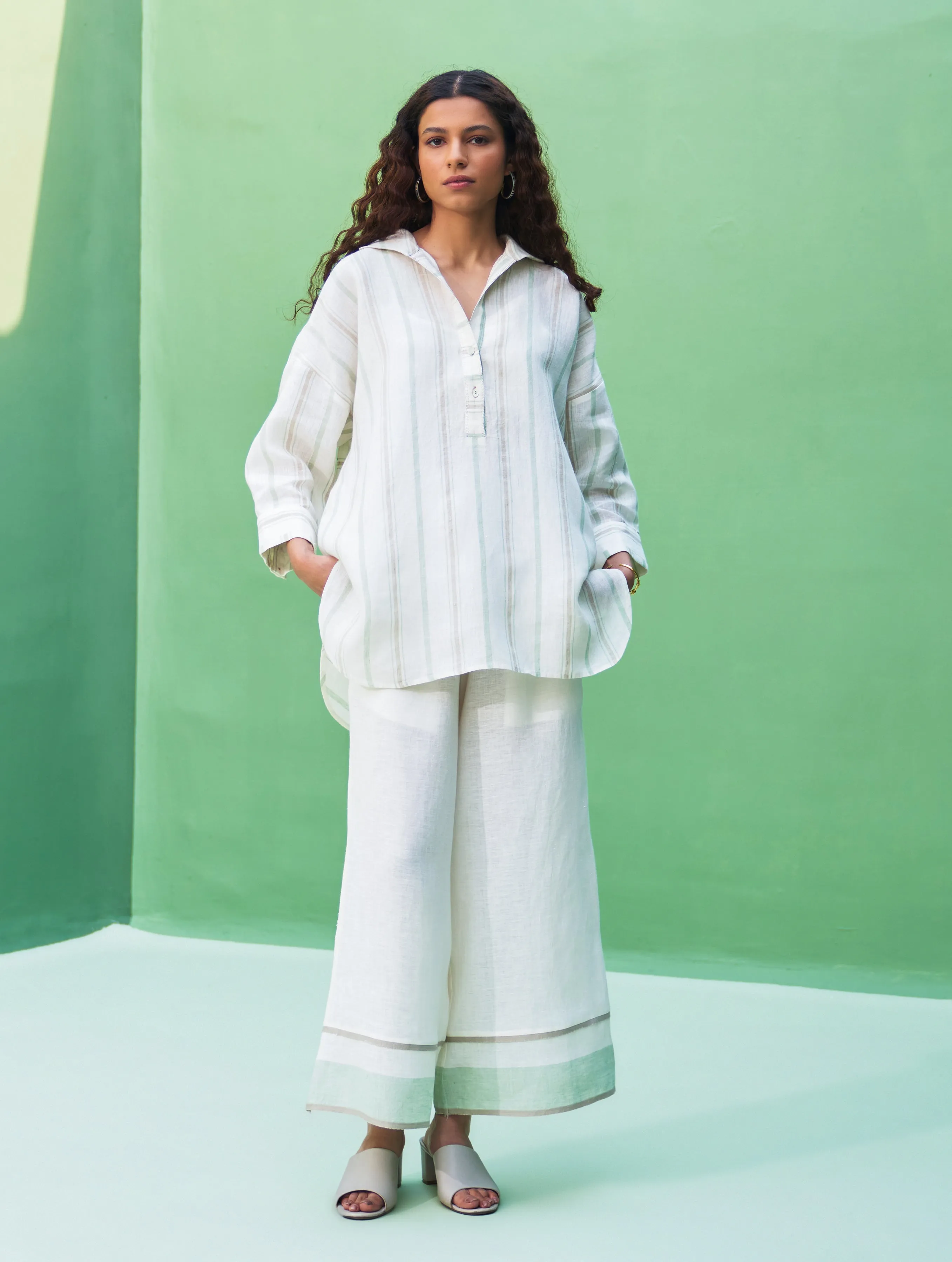 Kiku Striped Linen Co-ord Set - Mint