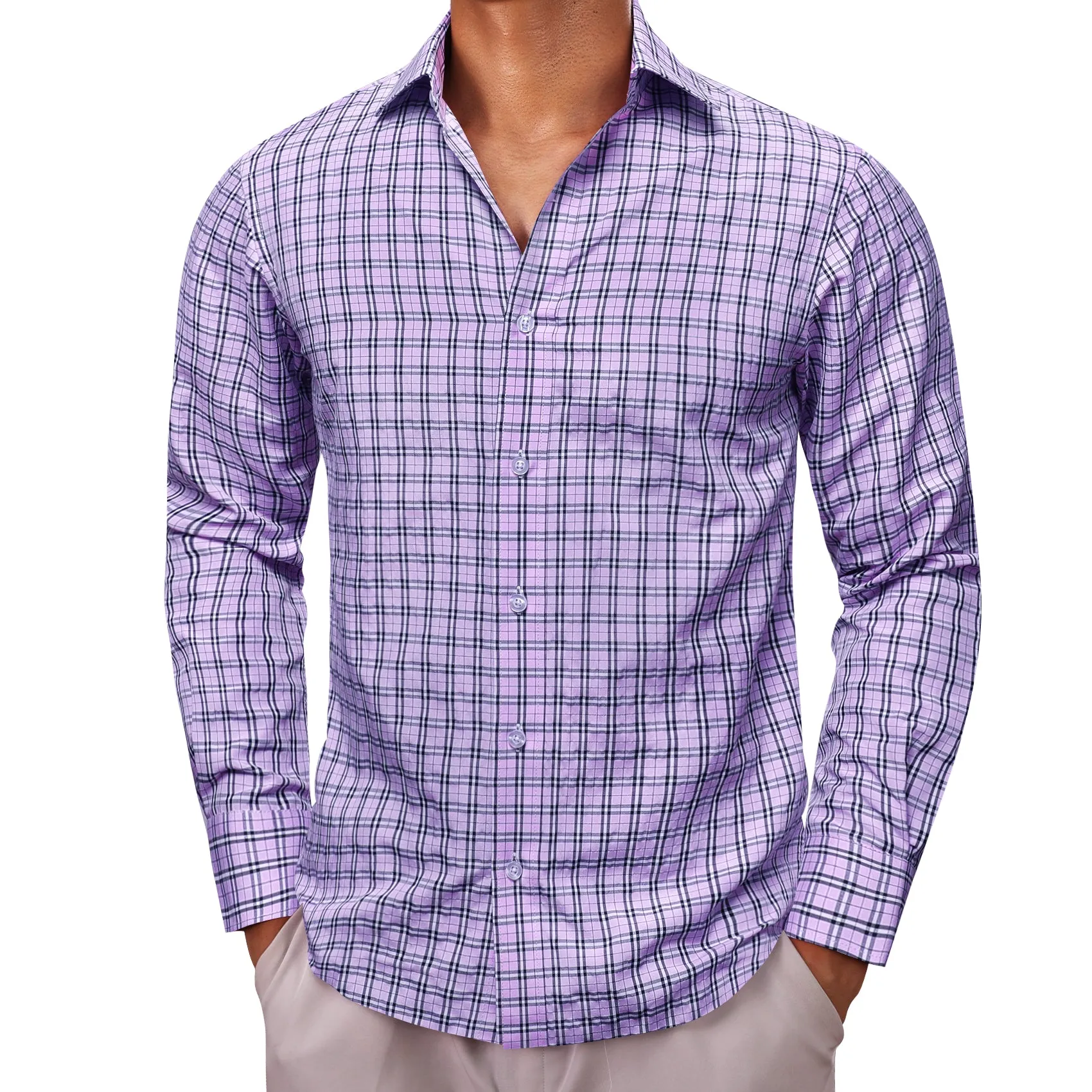 Lilac Purple Small Plaid Men's Long Sleeve Work Shirt