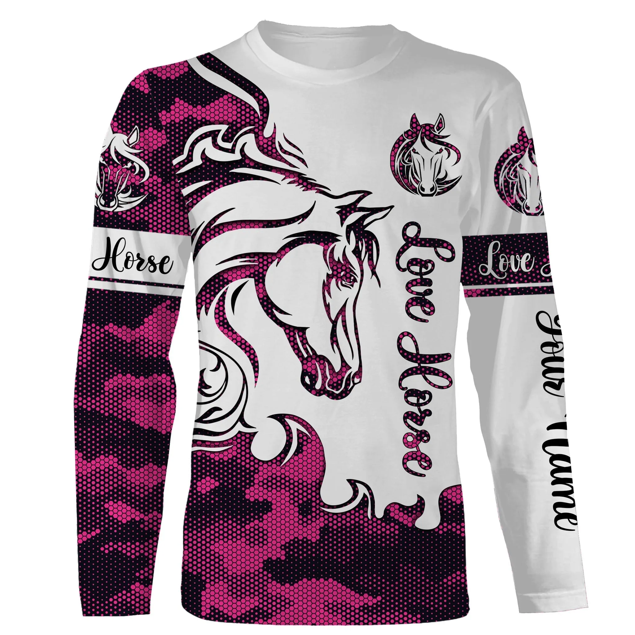 Love Horse Pink Camo Customize Name 3D Long Sleeve Shirts Personalized Horse Lovers Gift For Adult, Kid, Horse Shirt For Girl