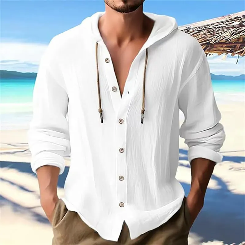 MEN'S SOLID COLOR CASUAL LONG SLEEVED SHIRT HOODED DRAWSTRING COTTON AND LINEN CARDIGAN