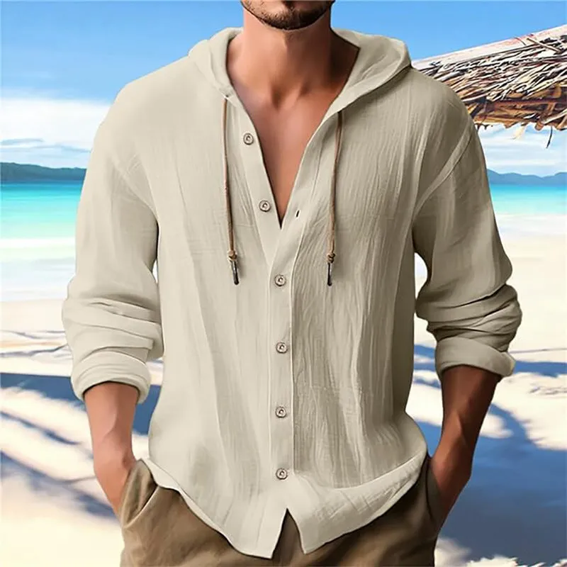 MEN'S SOLID COLOR CASUAL LONG SLEEVED SHIRT HOODED DRAWSTRING COTTON AND LINEN CARDIGAN