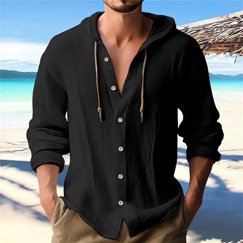 MEN'S SOLID COLOR CASUAL LONG SLEEVED SHIRT HOODED DRAWSTRING COTTON AND LINEN CARDIGAN