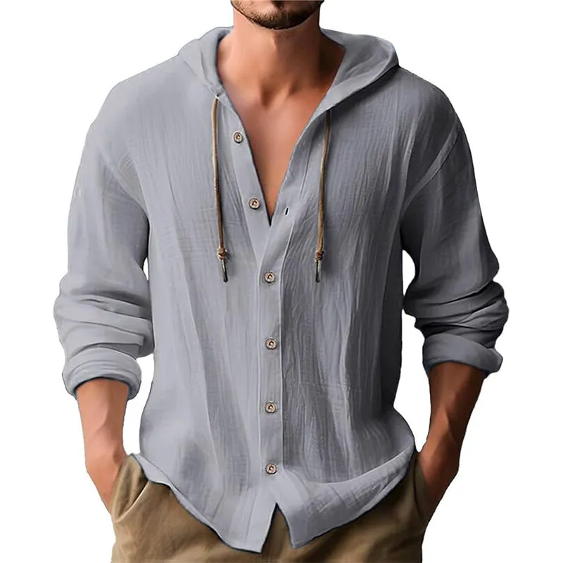 MEN'S SOLID COLOR CASUAL LONG SLEEVED SHIRT HOODED DRAWSTRING COTTON AND LINEN CARDIGAN